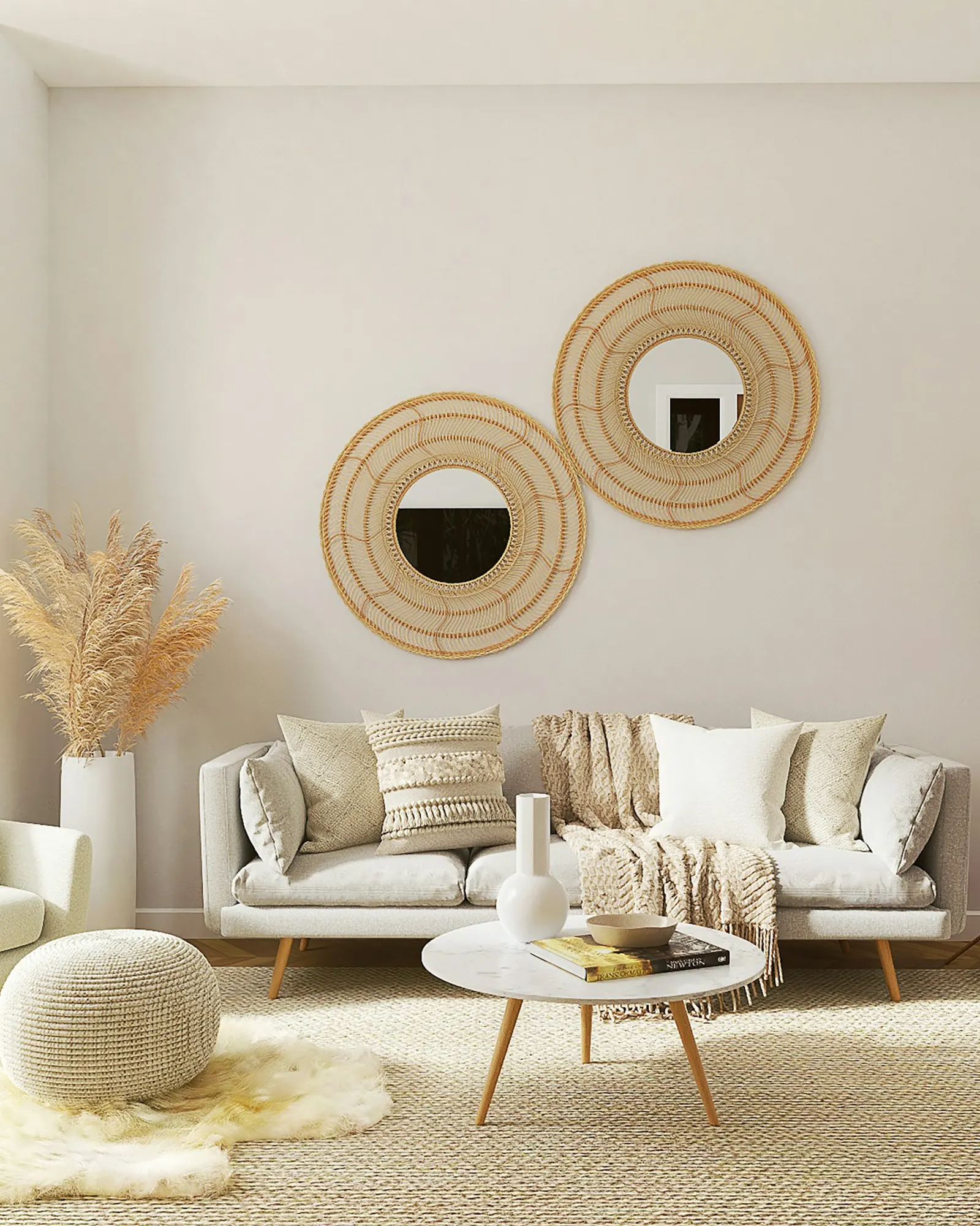 A calm living room with a cream boucle sofa and oak side table in soft daylight